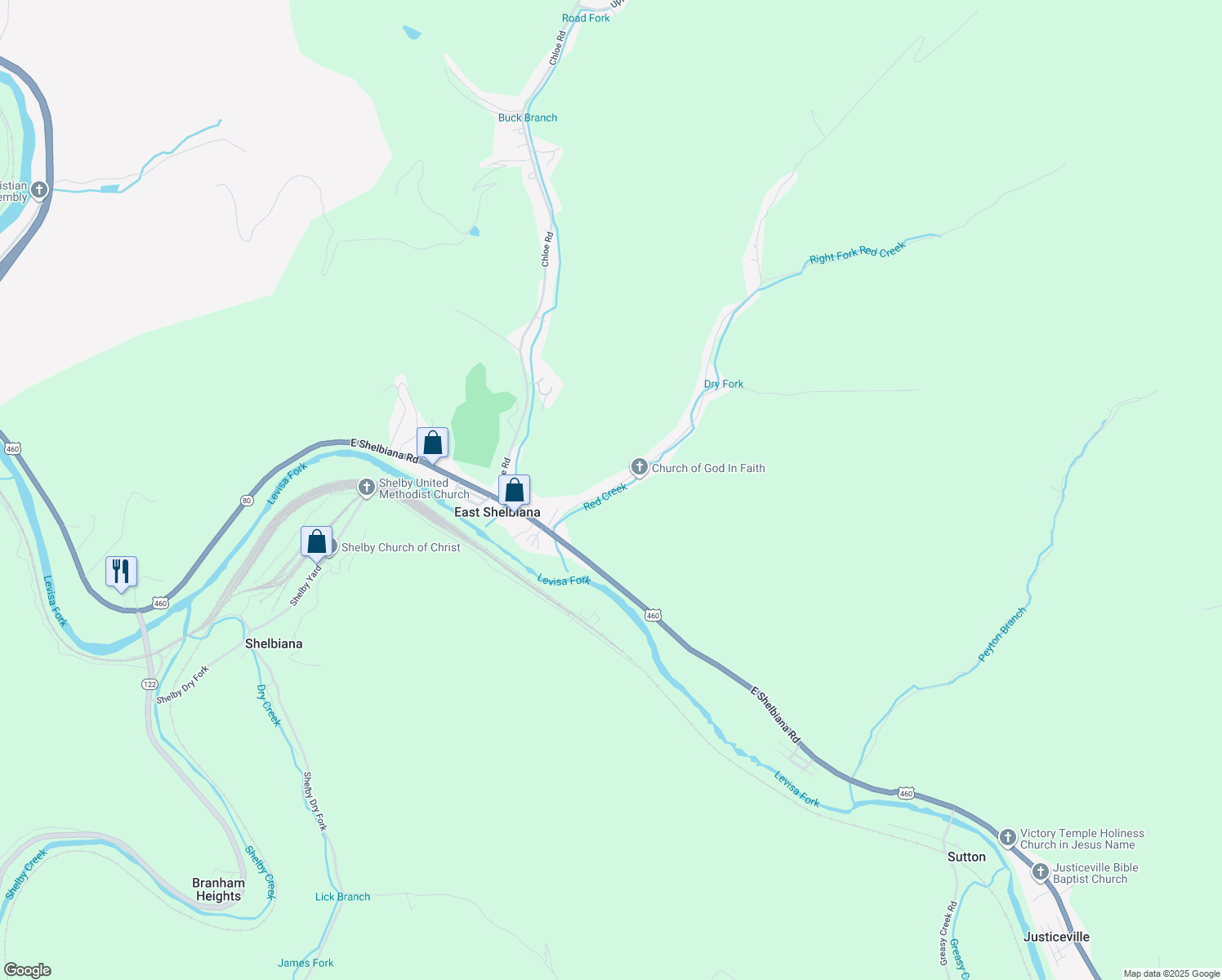map of restaurants, bars, coffee shops, grocery stores, and more near 75 Red Creek Road in Pikeville