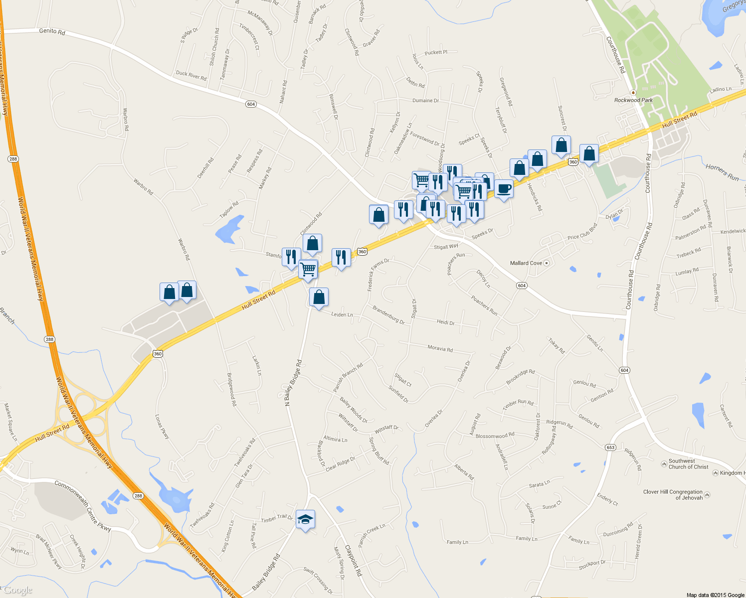 map of restaurants, bars, coffee shops, grocery stores, and more near 4255 Frederick Farms Drive in Midlothian