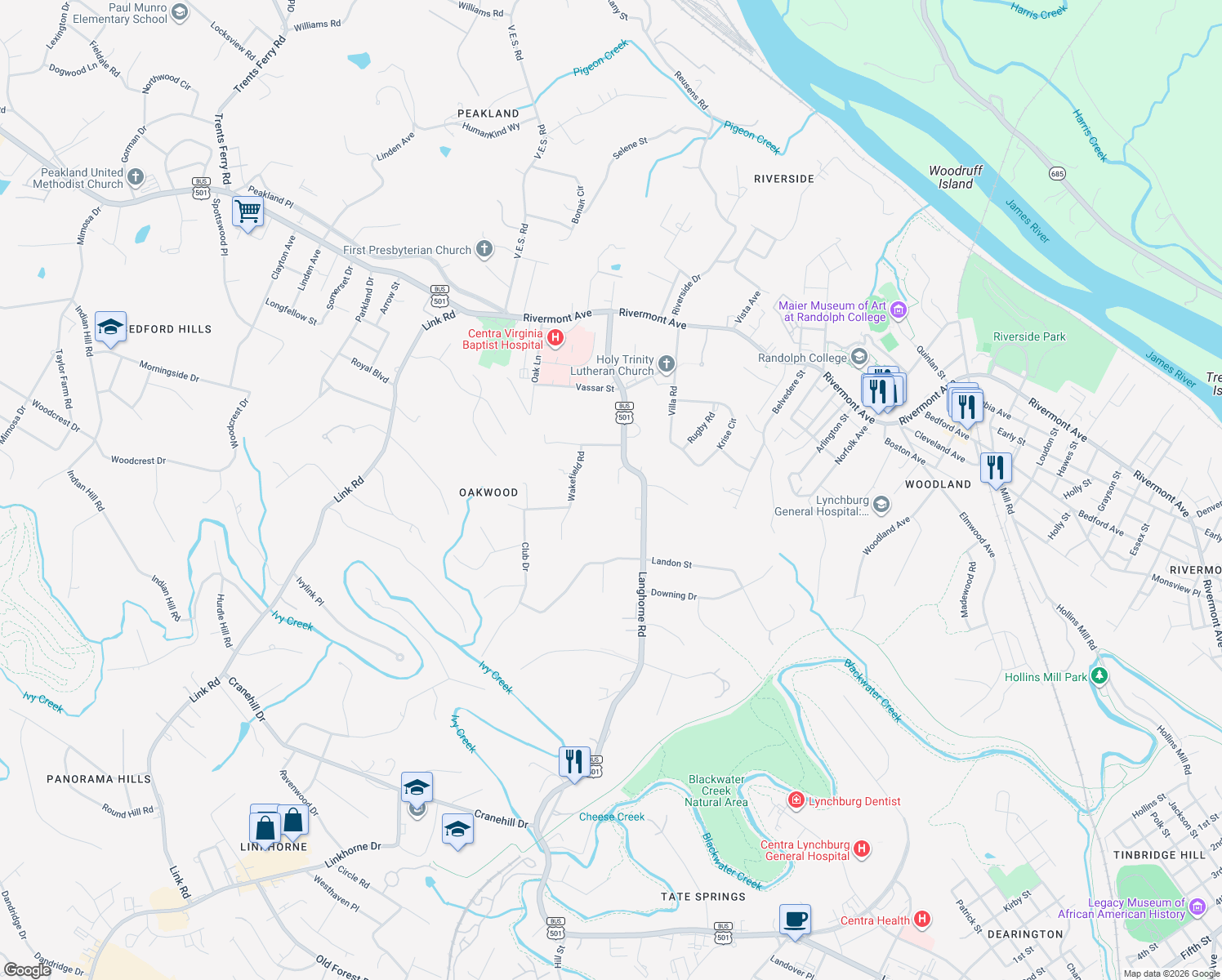 map of restaurants, bars, coffee shops, grocery stores, and more near 1305 Langhorne Rd in Lynchburg