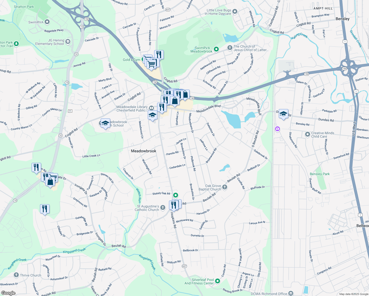 map of restaurants, bars, coffee shops, grocery stores, and more near 6331 Brookshire Dr in Richmond