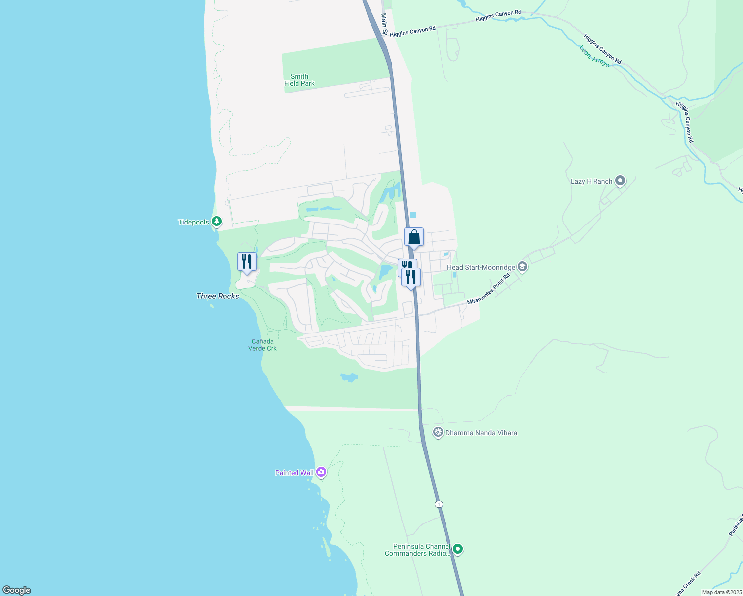 map of restaurants, bars, coffee shops, grocery stores, and more near 2329 Burning Tree Road in Half Moon Bay