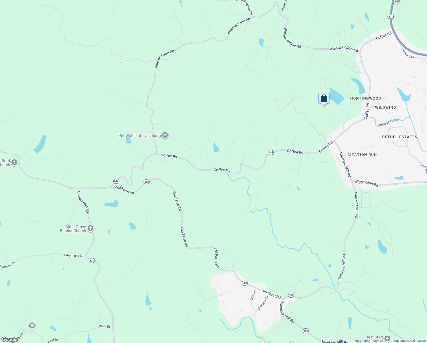 map of restaurants, bars, coffee shops, grocery stores, and more near 2254-2344 Coffee Road in Lynchburg