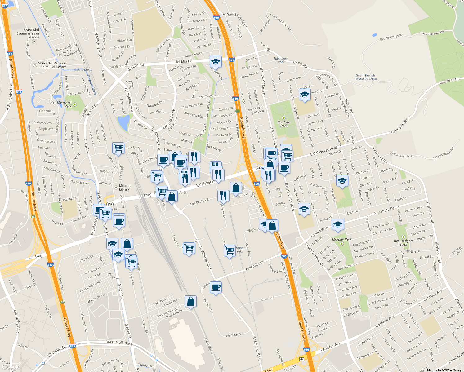 map of restaurants, bars, coffee shops, grocery stores, and more near 86 Pimentel Circle in Milpitas