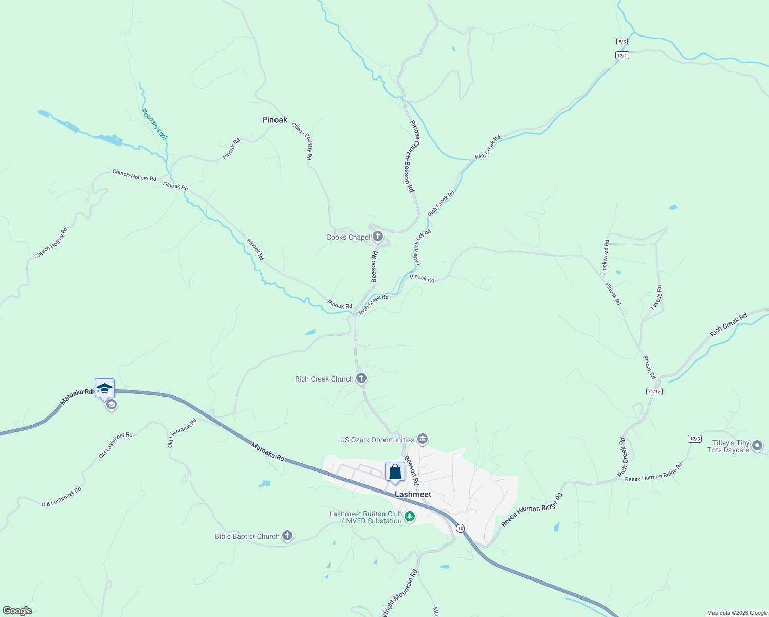 map of restaurants, bars, coffee shops, grocery stores, and more near 2073 Bicknal Flats Road in Rock