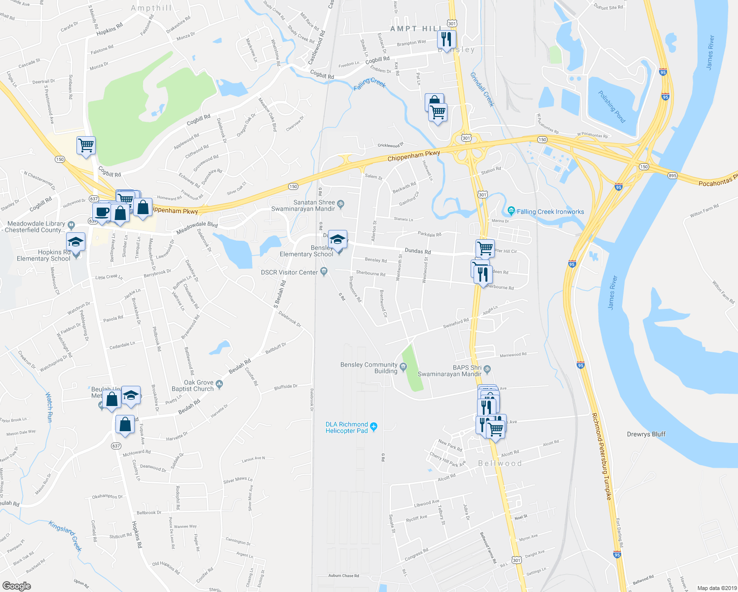 map of restaurants, bars, coffee shops, grocery stores, and more near 3041 Brentwood Circle in Richmond