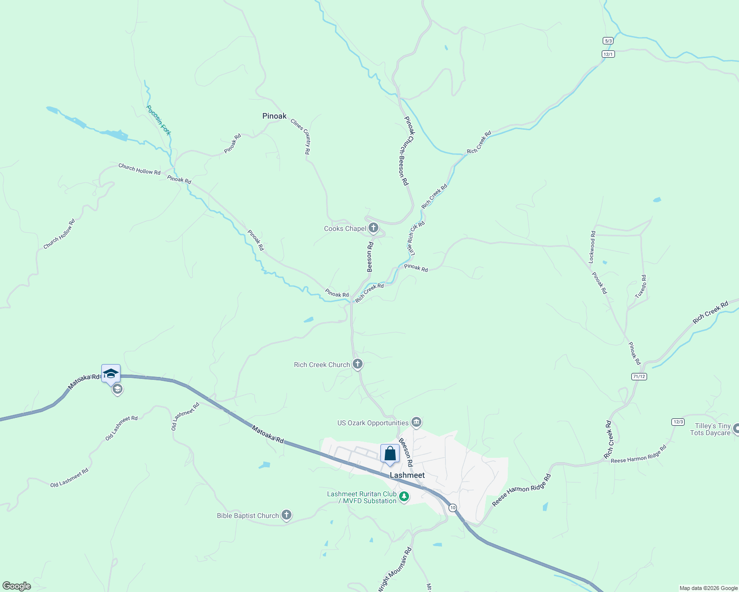 map of restaurants, bars, coffee shops, grocery stores, and more near 2073 Bicknal Flats Road in Rock