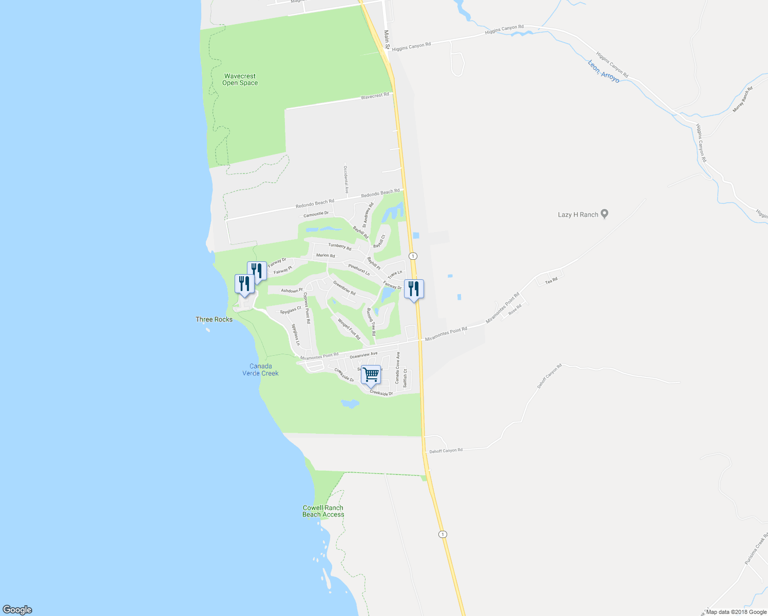 map of restaurants, bars, coffee shops, grocery stores, and more near 370 Burning Tree Court in Half Moon Bay