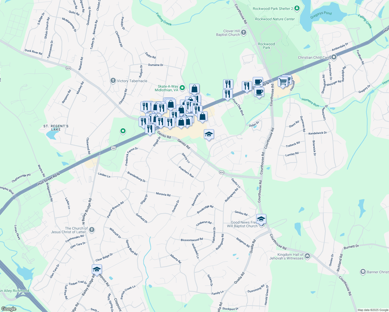 map of restaurants, bars, coffee shops, grocery stores, and more near 10802 Tracker Court in Chesterfield