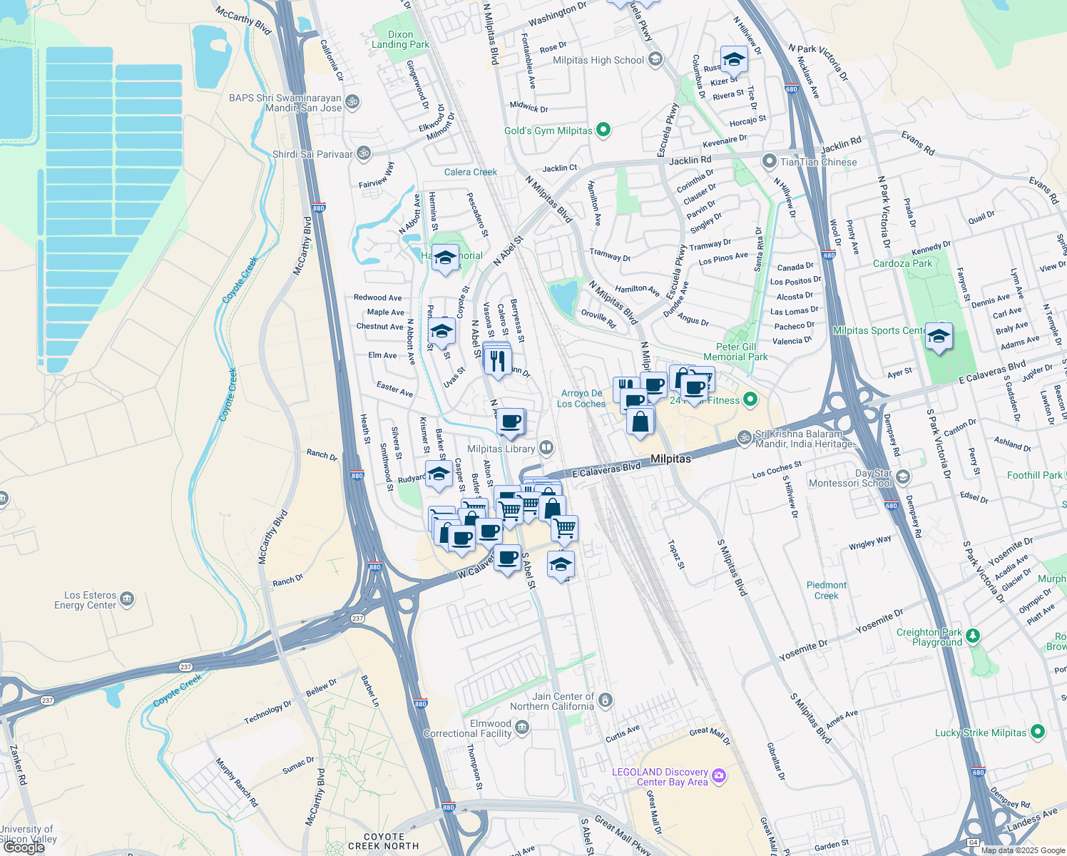 map of restaurants, bars, coffee shops, grocery stores, and more near 7 Crystal Court in Milpitas