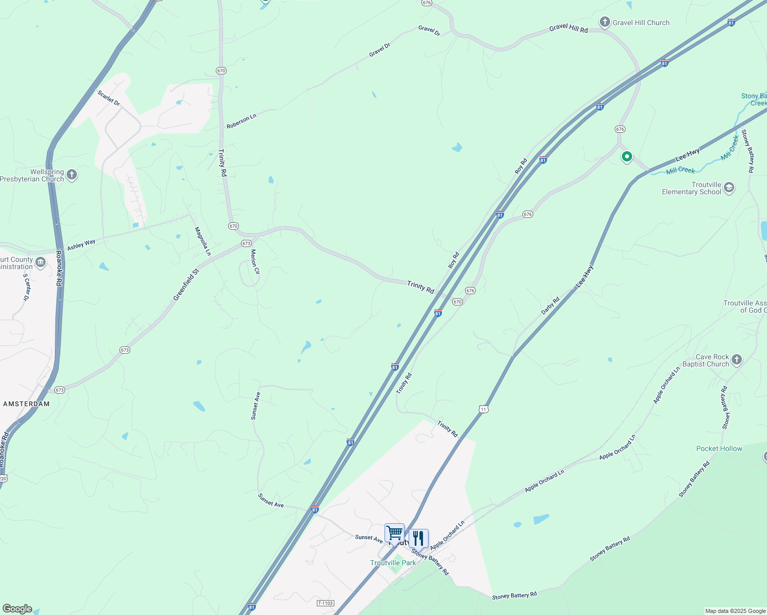 map of restaurants, bars, coffee shops, grocery stores, and more near 1295 Trinity Road in Troutville
