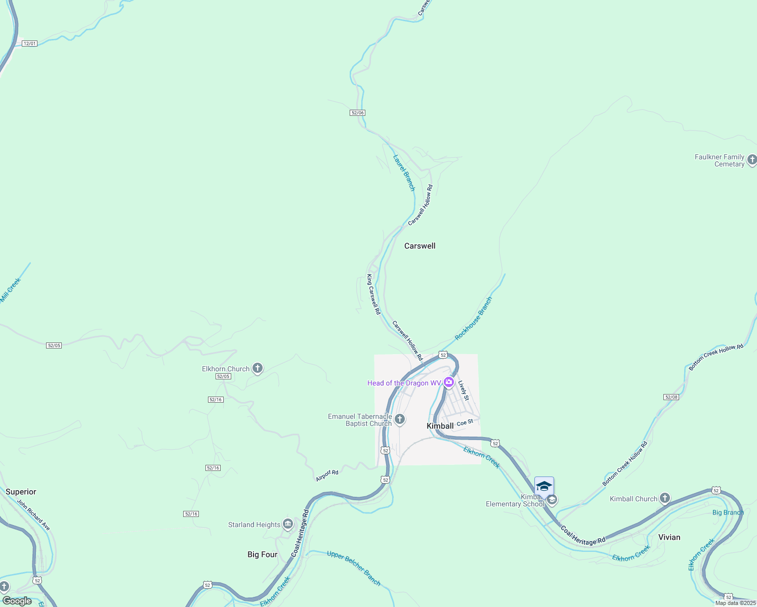map of restaurants, bars, coffee shops, grocery stores, and more near King Coswell Road in Welch