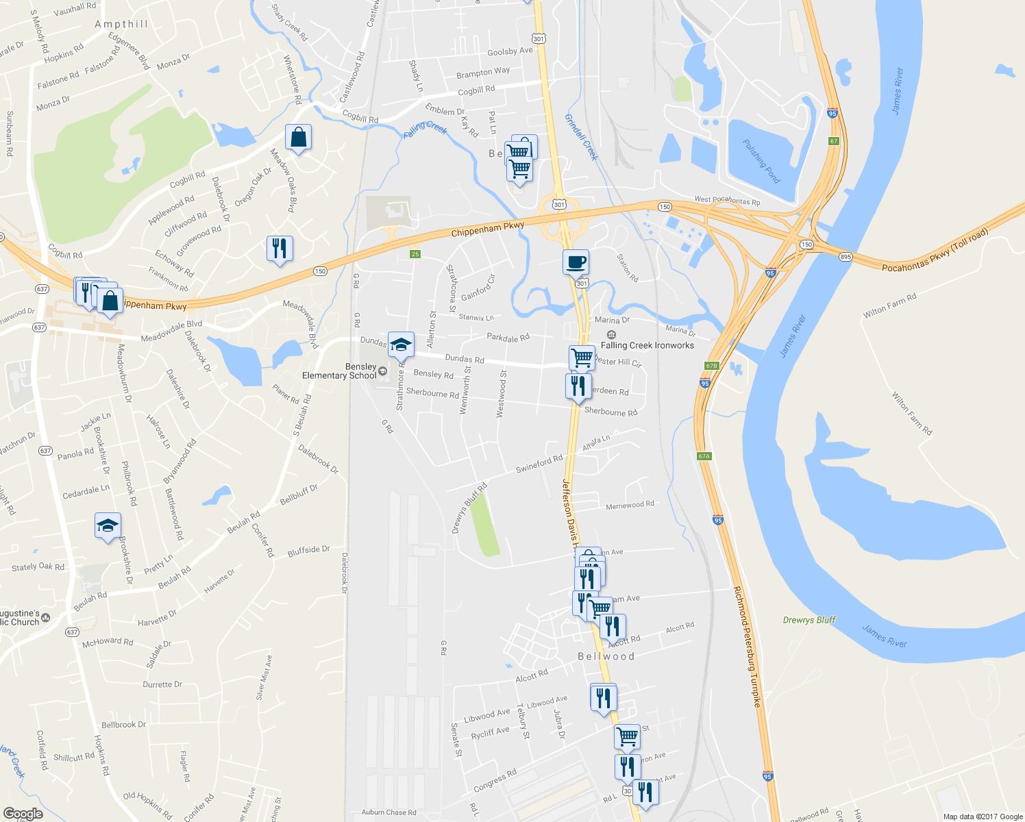 map of restaurants, bars, coffee shops, grocery stores, and more near 2731 Sherbourne Road in Richmond