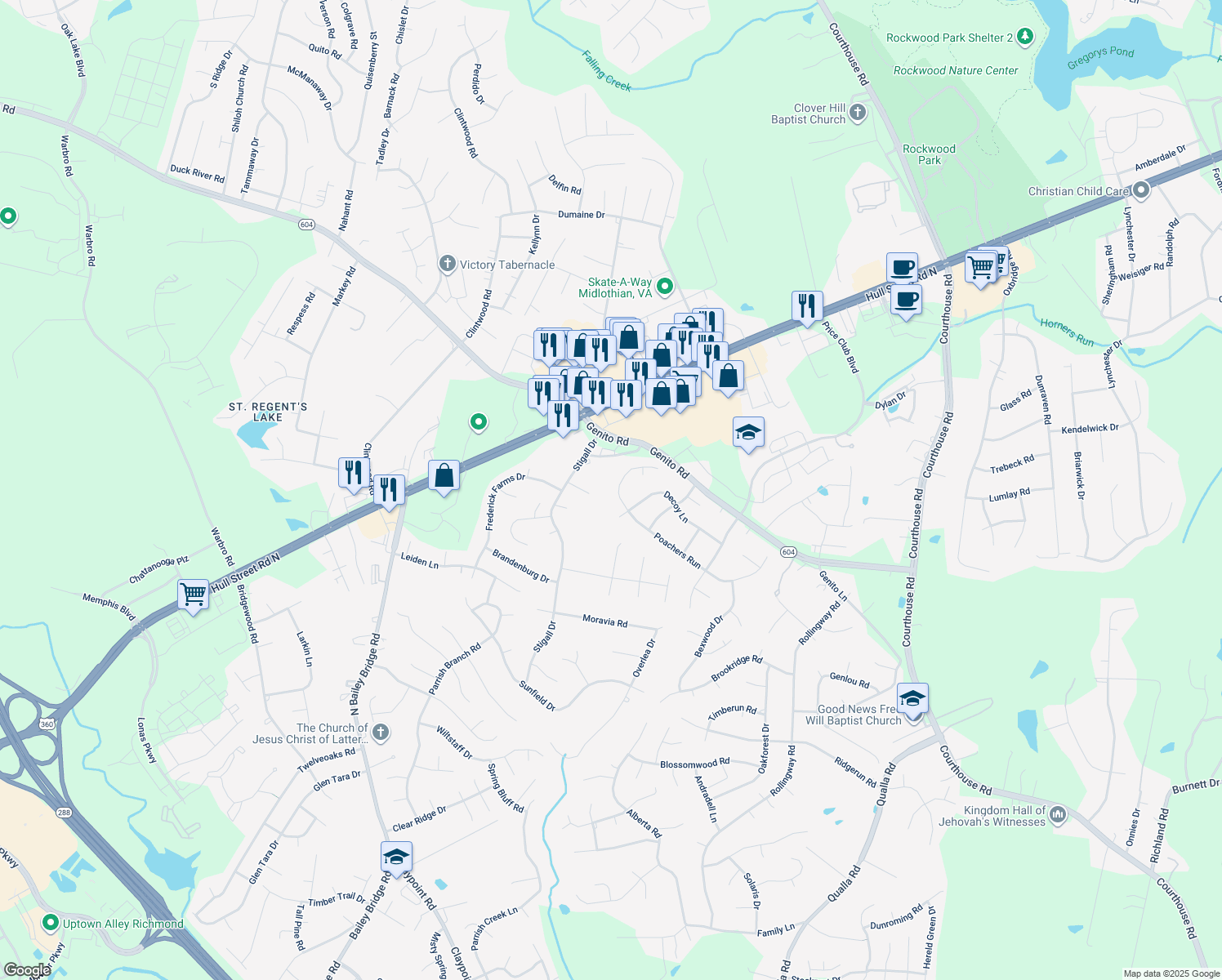 map of restaurants, bars, coffee shops, grocery stores, and more near 11025 Poachers Run in Chesterfield