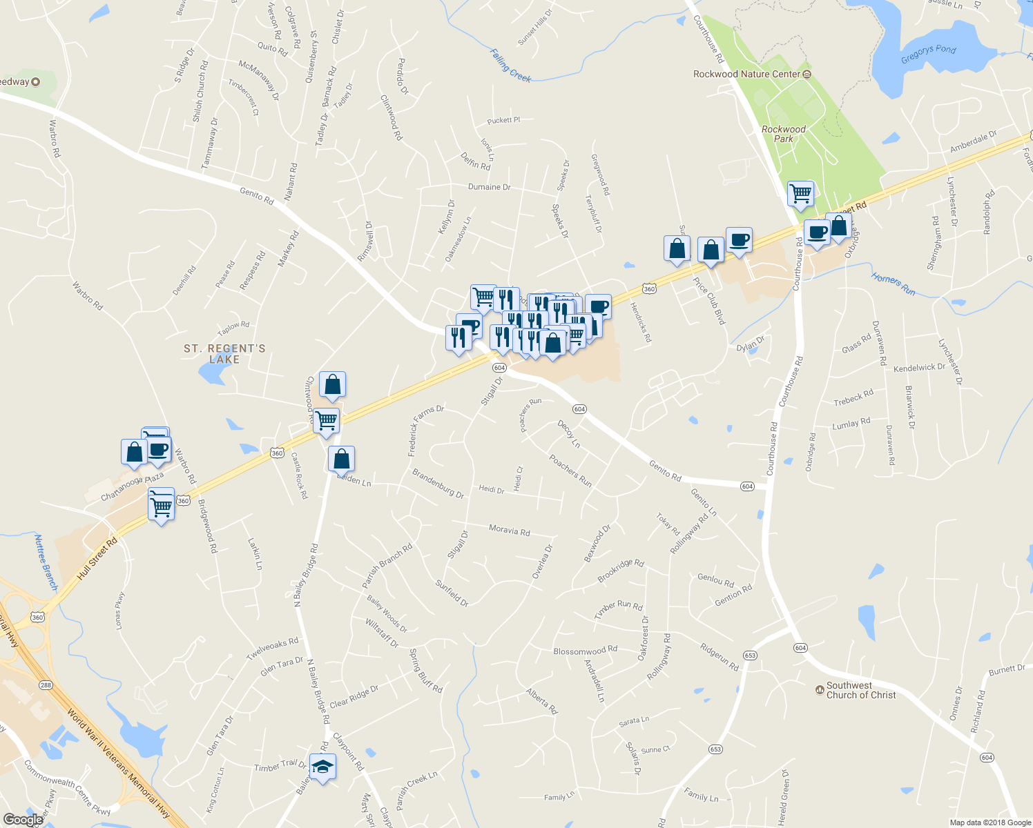 map of restaurants, bars, coffee shops, grocery stores, and more near 11031 Poachers Run in Chesterfield