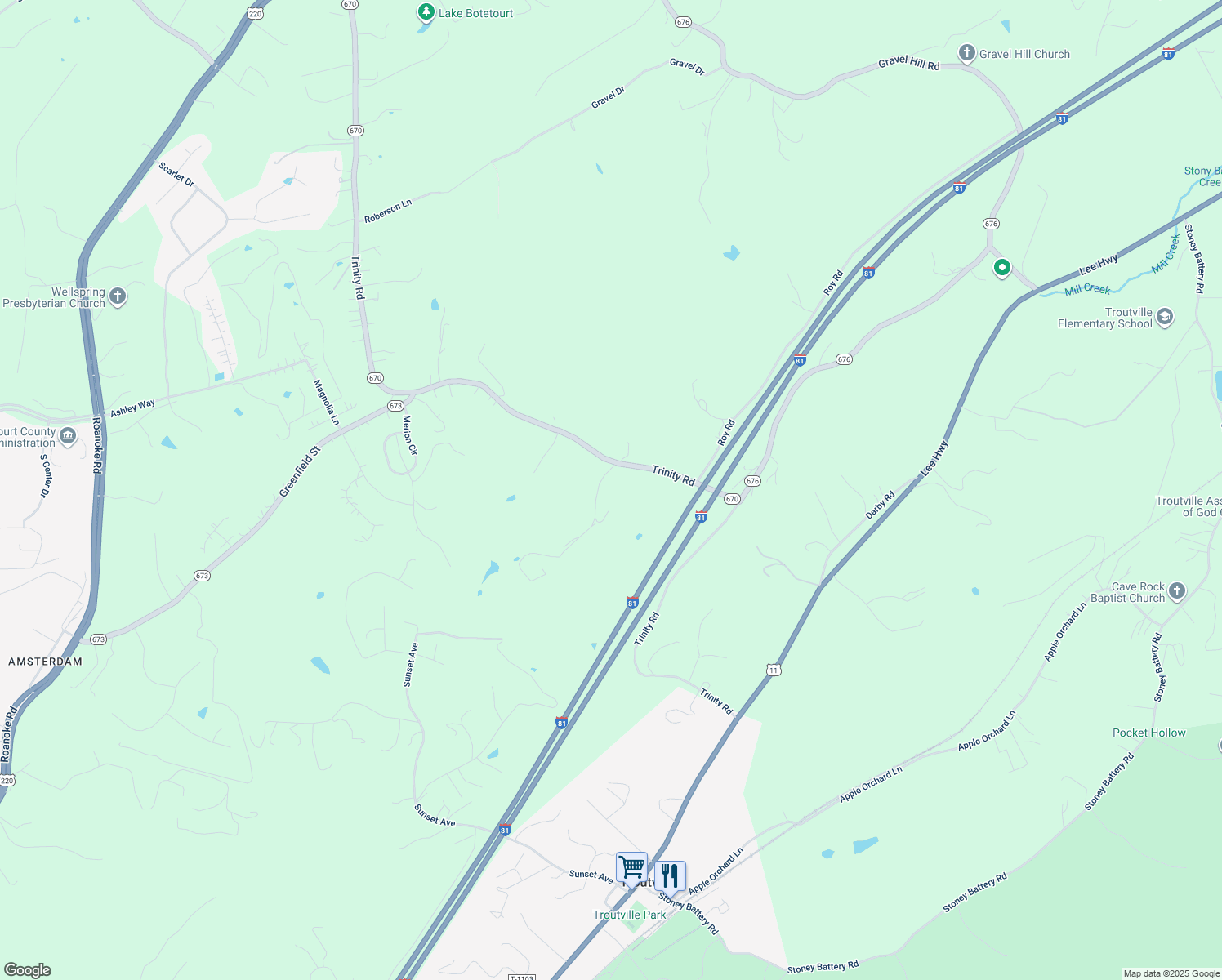 map of restaurants, bars, coffee shops, grocery stores, and more near 1295 Trinity Road in Troutville