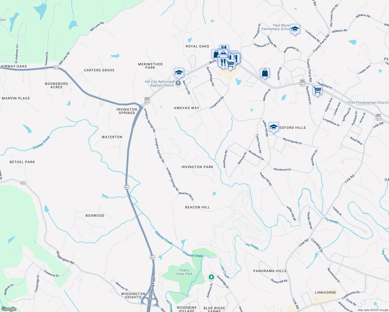 map of restaurants, bars, coffee shops, grocery stores, and more near 207 Paddington Court in Lynchburg
