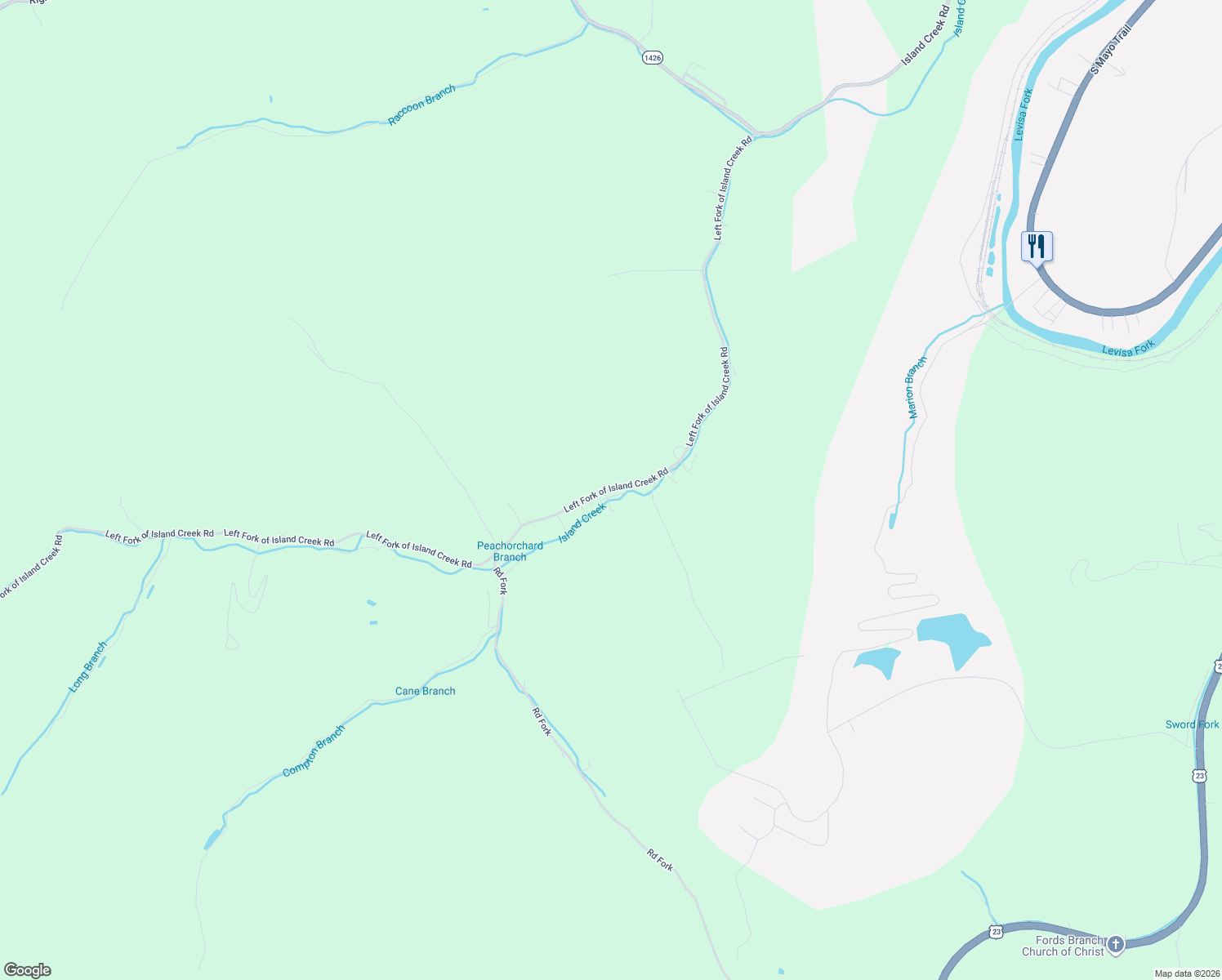 map of restaurants, bars, coffee shops, grocery stores, and more near 1110-1288 Left Fork of Island Creek Road in Pikeville