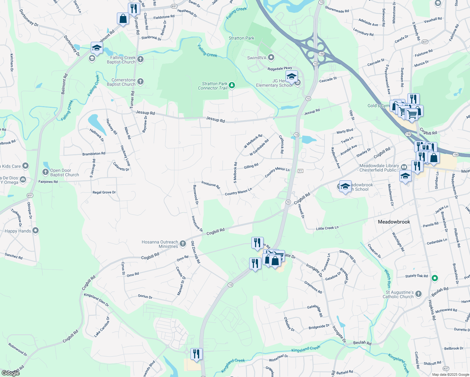 map of restaurants, bars, coffee shops, grocery stores, and more near 5818 South Melbeck Road in Richmond