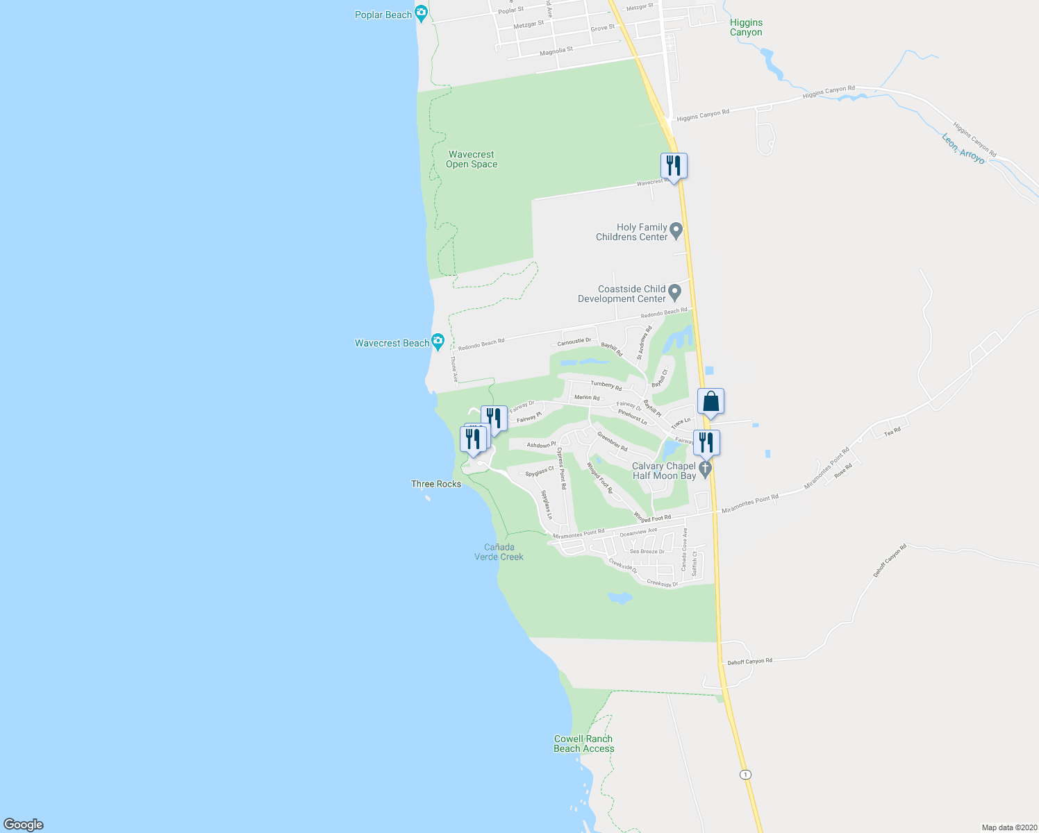 map of restaurants, bars, coffee shops, grocery stores, and more near 11 Fairway Place in Half Moon Bay