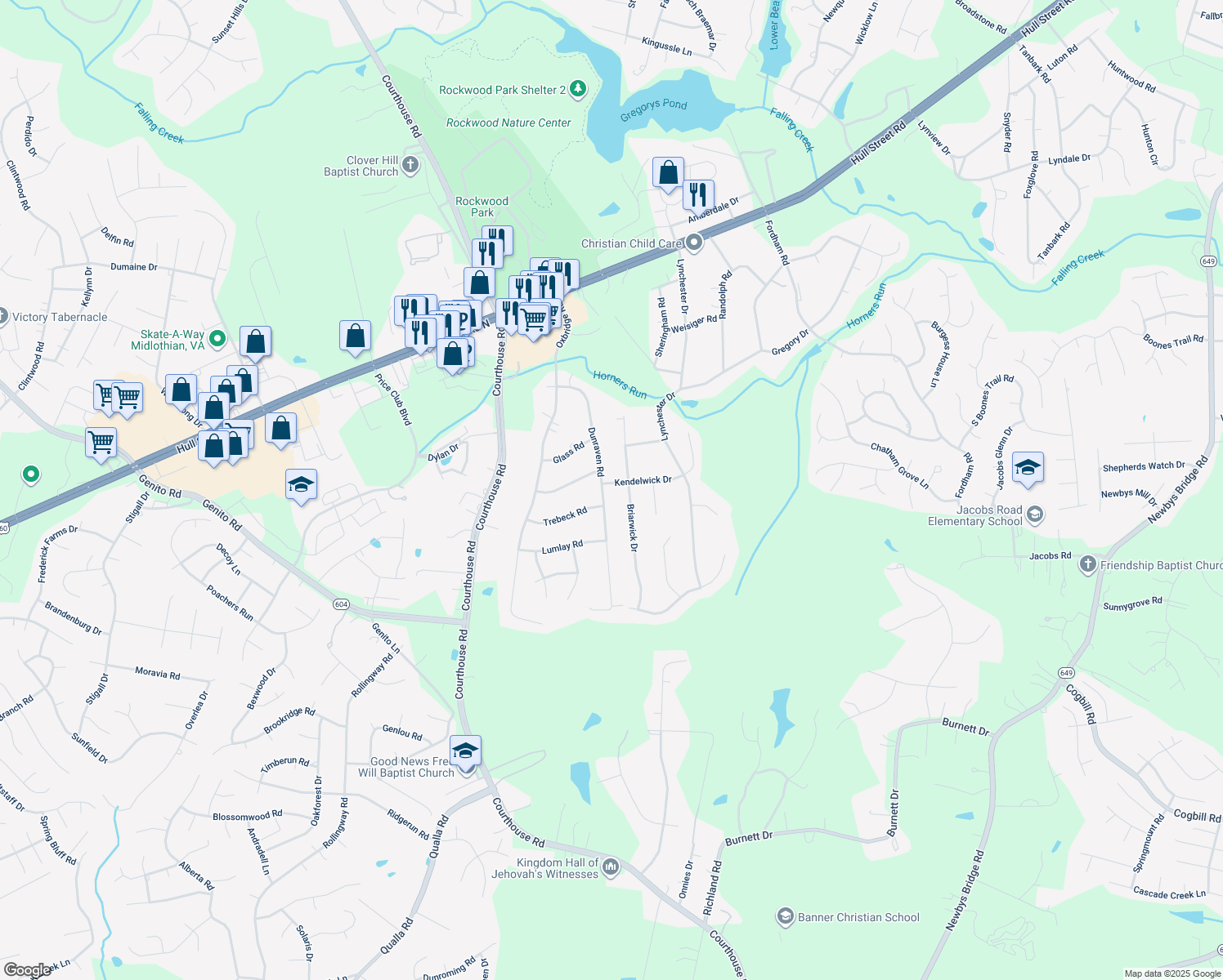 map of restaurants, bars, coffee shops, grocery stores, and more near 9807 Kendelwick Drive in Richmond