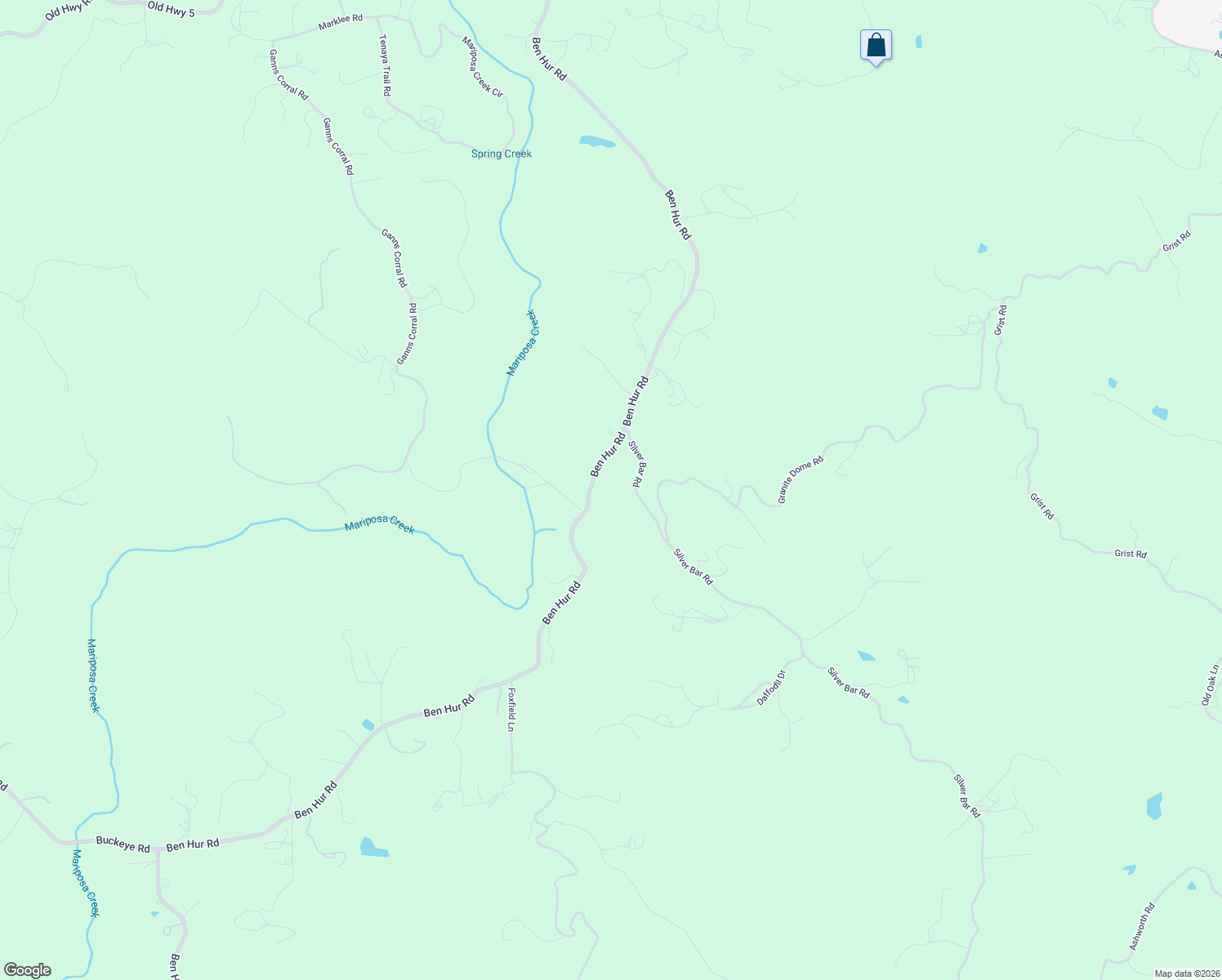 map of restaurants, bars, coffee shops, grocery stores, and more near 4164 Ben Hur Road in Mariposa