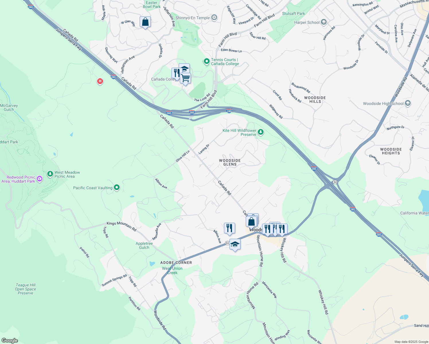 map of restaurants, bars, coffee shops, grocery stores, and more near 1211 Cañada Road in Woodside