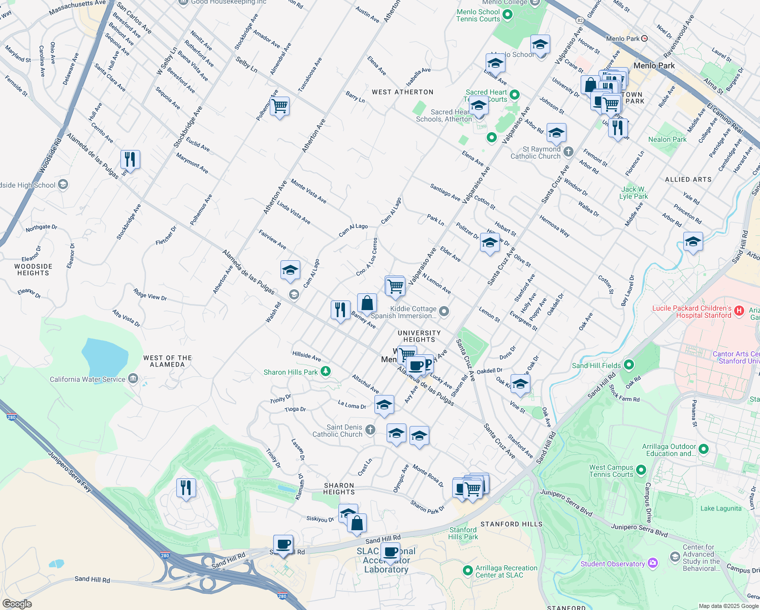 map of restaurants, bars, coffee shops, grocery stores, and more near 9 Arbol Grande Court in Menlo Park
