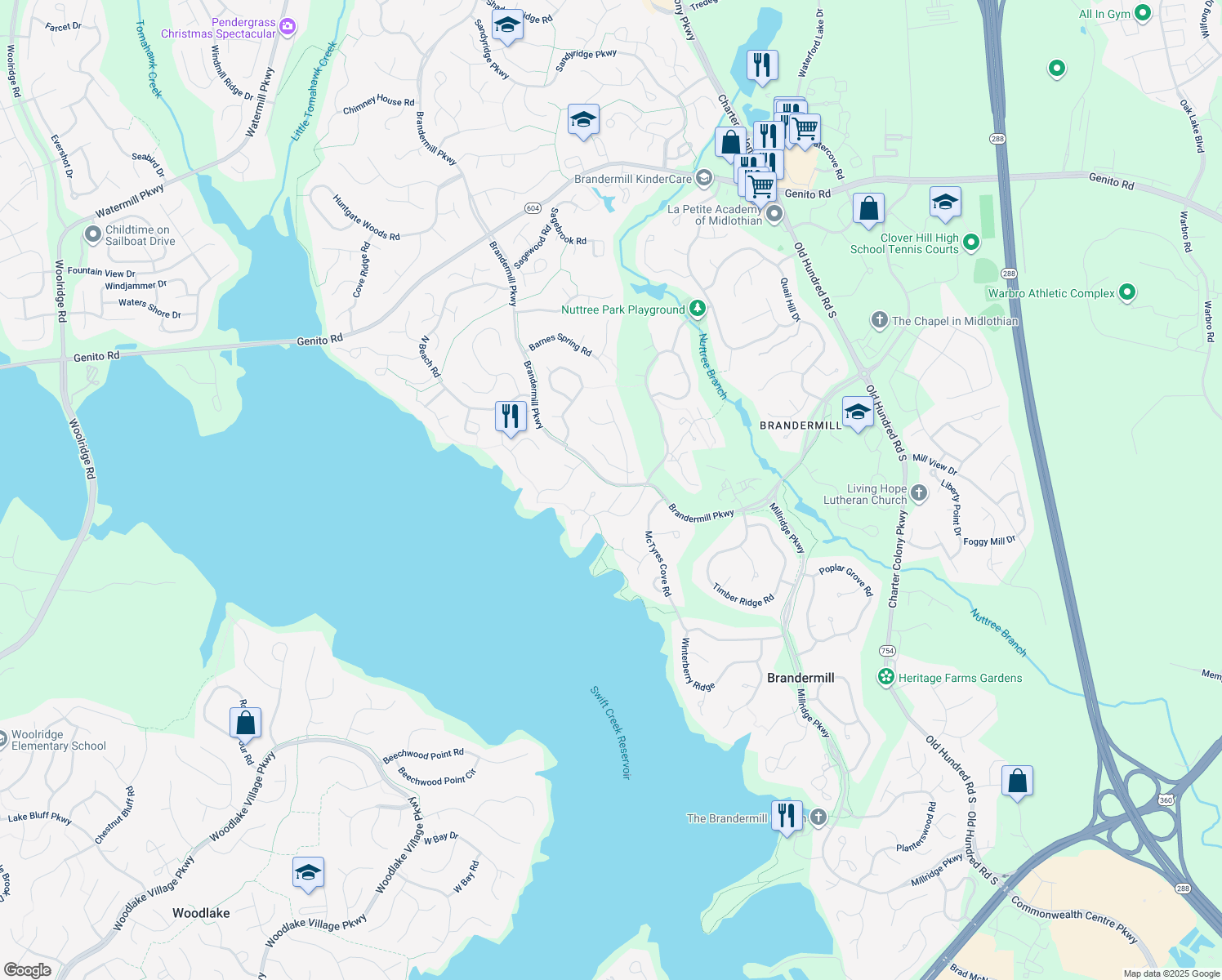 map of restaurants, bars, coffee shops, grocery stores, and more near 3704 Commodore Point Court in Midlothian