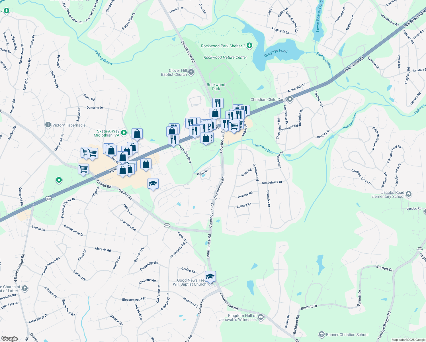 map of restaurants, bars, coffee shops, grocery stores, and more near 4025 Trisha Trail in Midlothian