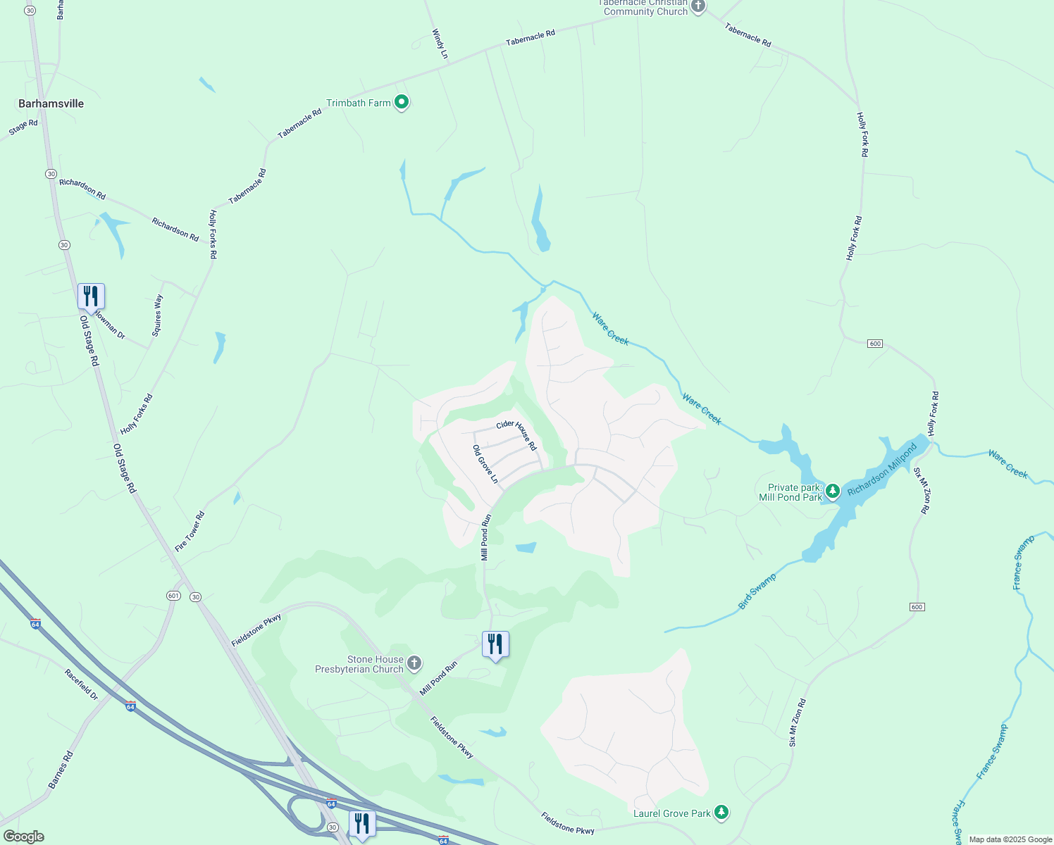 map of restaurants, bars, coffee shops, grocery stores, and more near 3058 Cider House Road in Toano