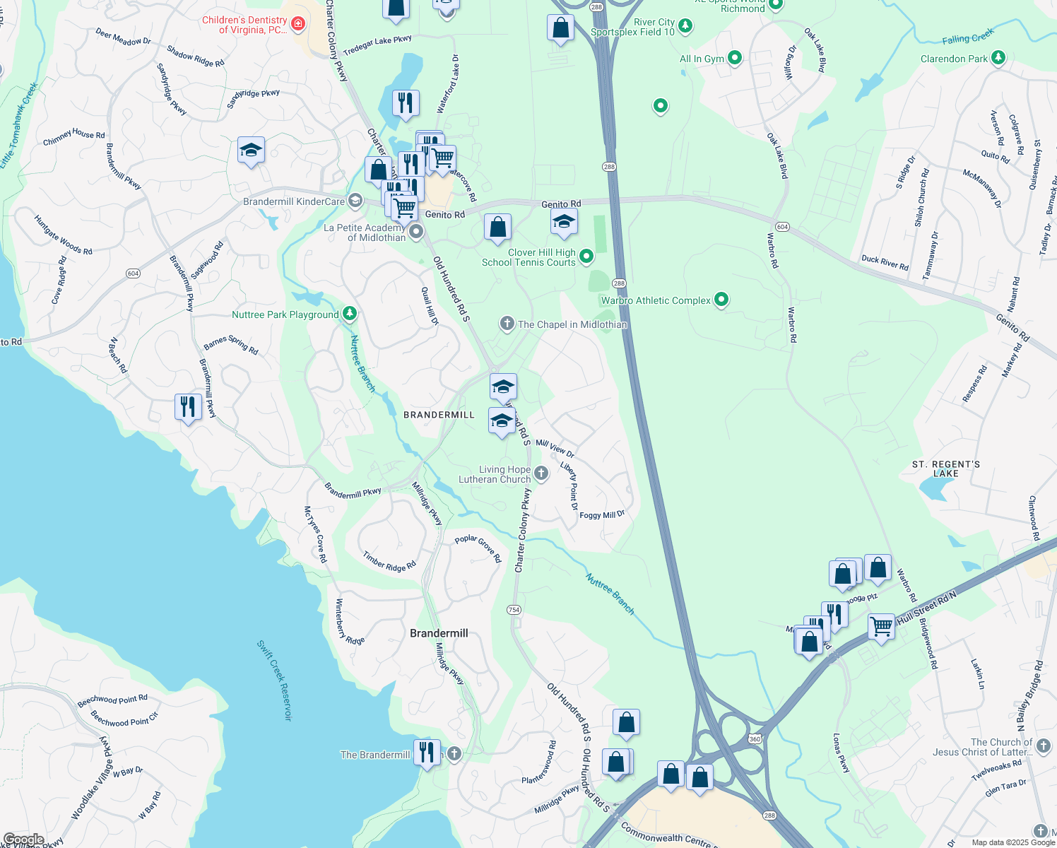 map of restaurants, bars, coffee shops, grocery stores, and more near 12918 Mill Meadow Court in Midlothian