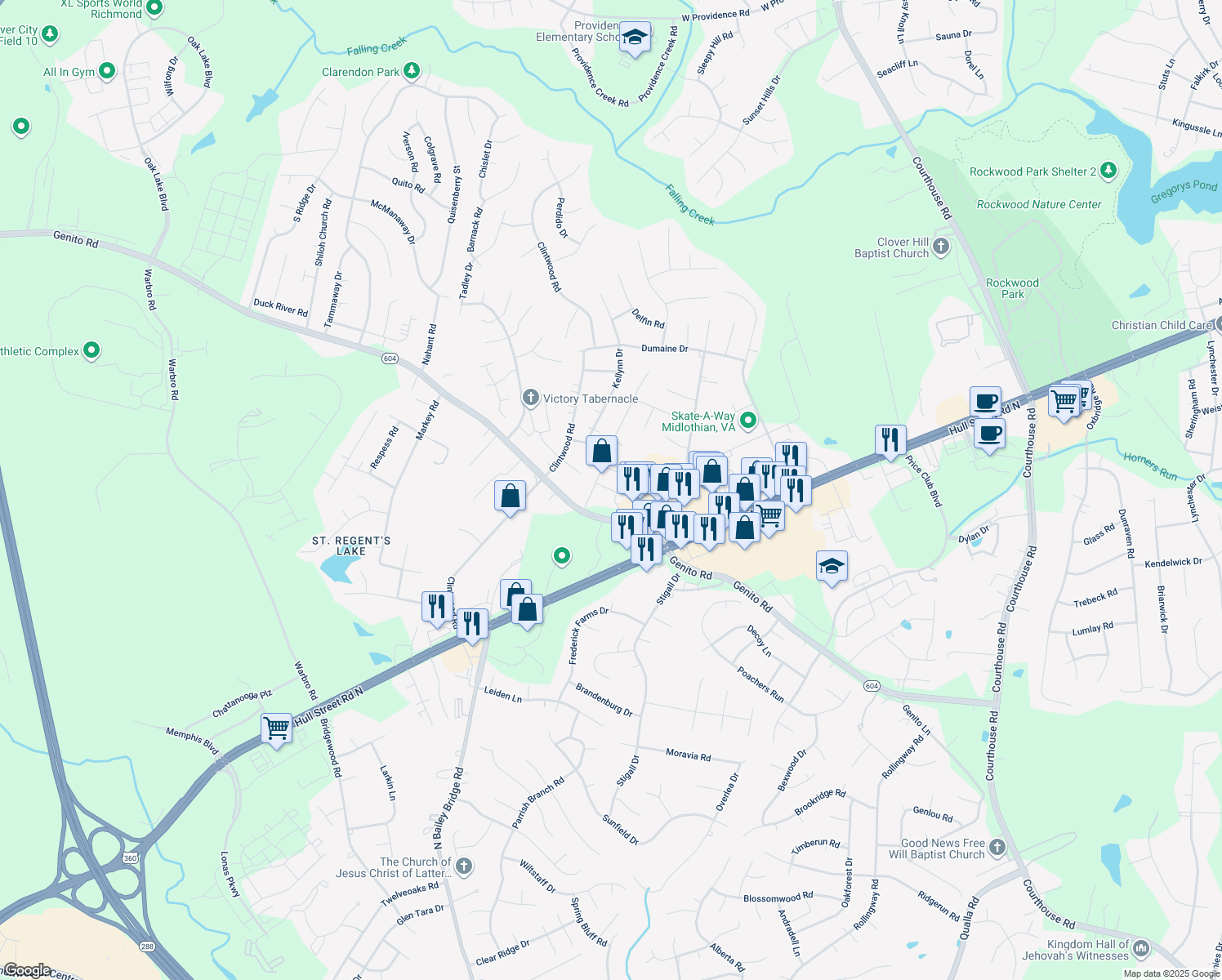 map of restaurants, bars, coffee shops, grocery stores, and more near 3702 Banana Lane in Midlothian