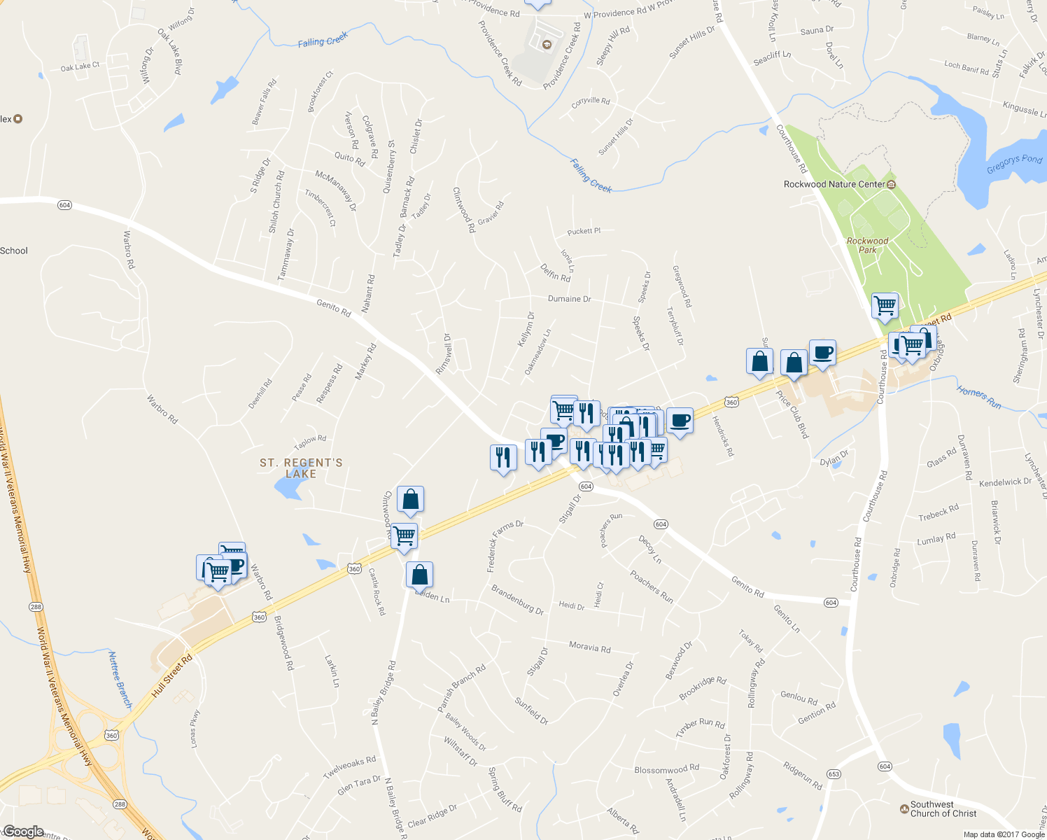 map of restaurants, bars, coffee shops, grocery stores, and more near 3708 Banana Lane in Midlothian