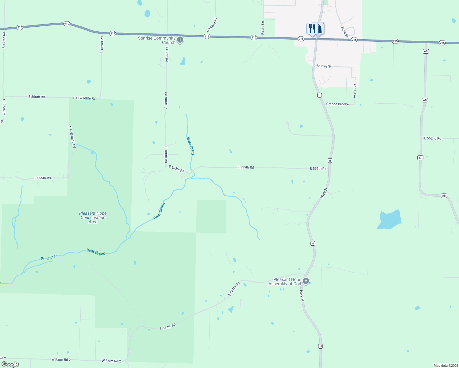 map of restaurants, bars, coffee shops, grocery stores, and more near 1926 East 555th Road in Pleasant Hope
