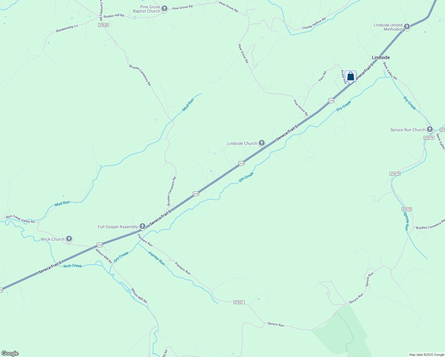 map of restaurants, bars, coffee shops, grocery stores, and more near 7096 Seneca Trail South in Peterstown