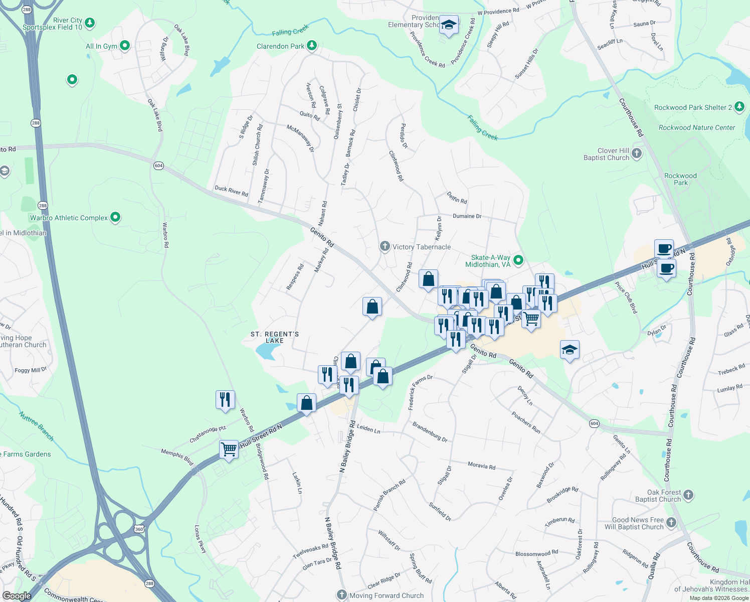 map of restaurants, bars, coffee shops, grocery stores, and more near 3510 Clintwood Road in Midlothian