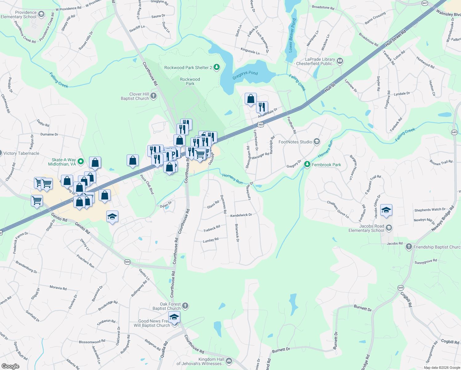map of restaurants, bars, coffee shops, grocery stores, and more near 4200 Briarwick Drive in Richmond
