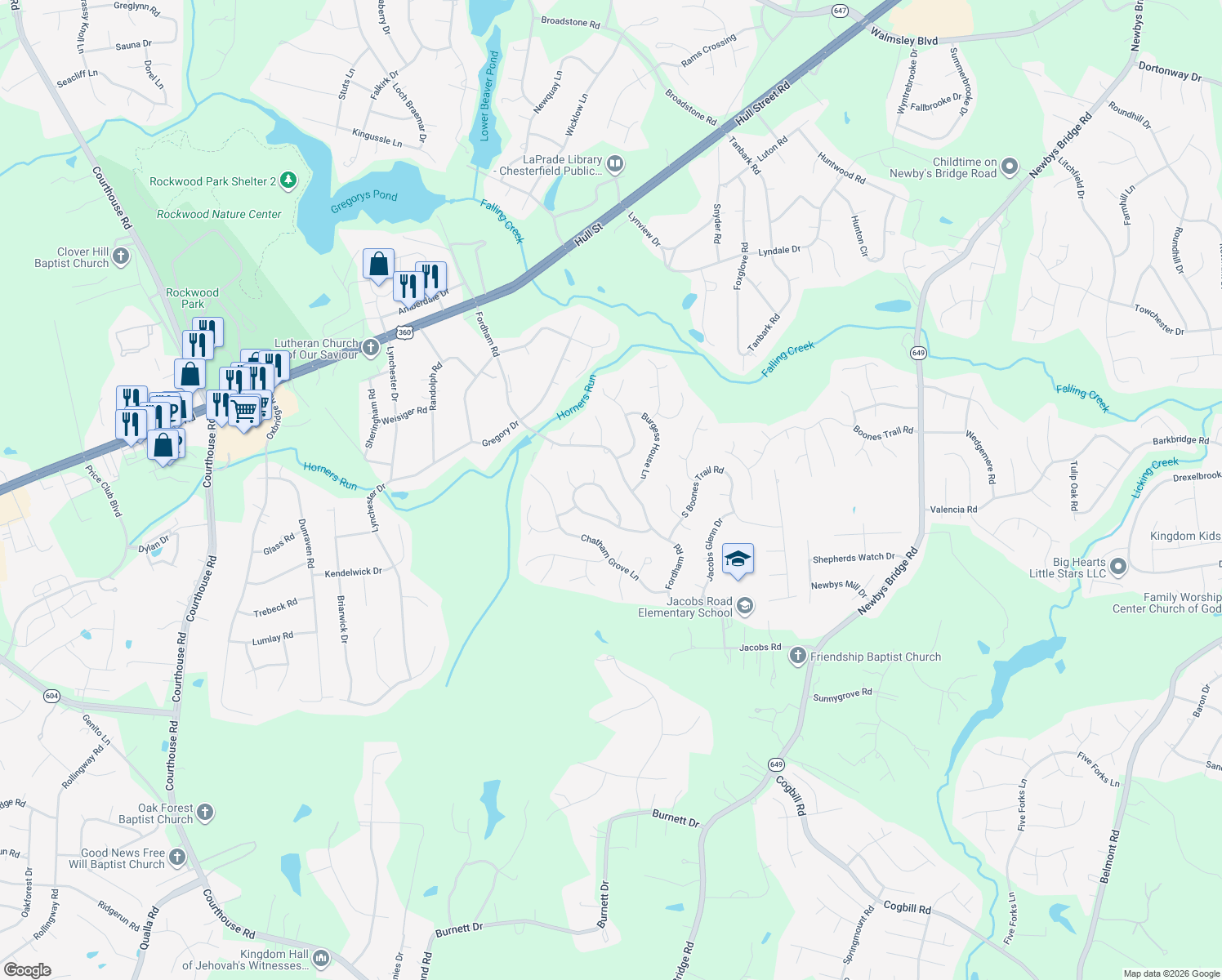 map of restaurants, bars, coffee shops, grocery stores, and more near 4340 Rabbit Foot Ln in Richmond