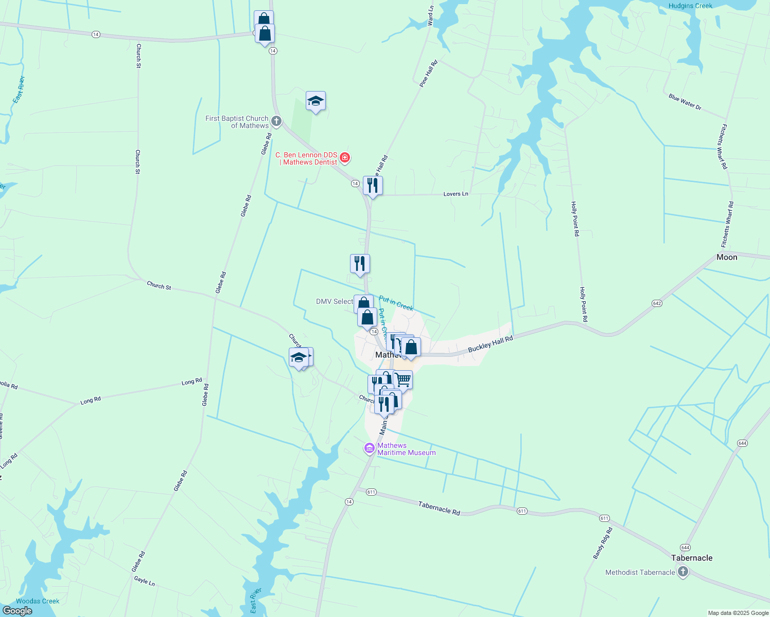 map of restaurants, bars, coffee shops, grocery stores, and more near 10601 Buckley Hall Road in Mathews
