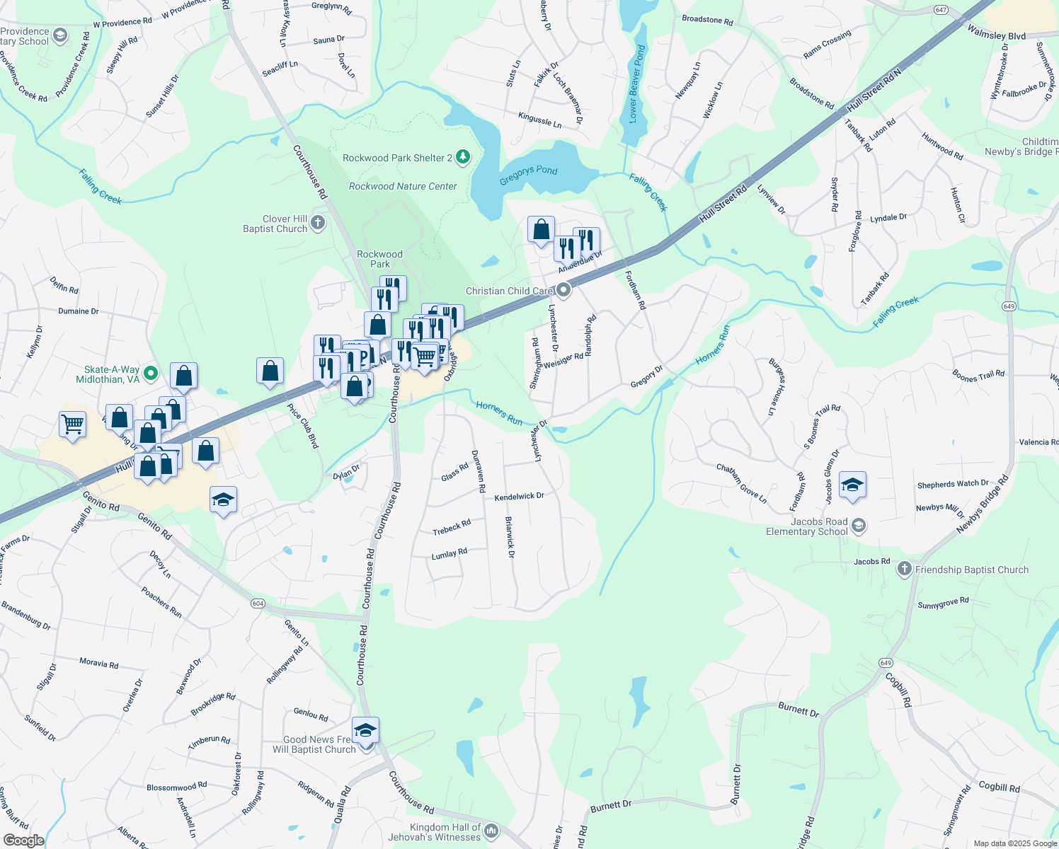 map of restaurants, bars, coffee shops, grocery stores, and more near 4210 Lynchester Drive in Richmond