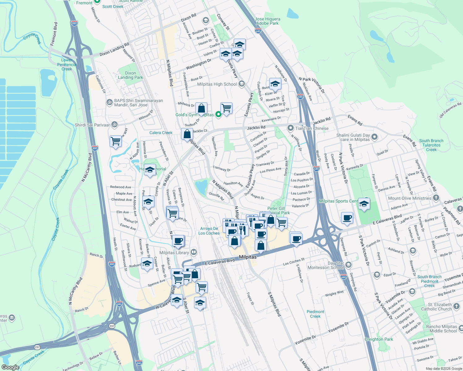 map of restaurants, bars, coffee shops, grocery stores, and more near 581 Hamilton Avenue in Milpitas