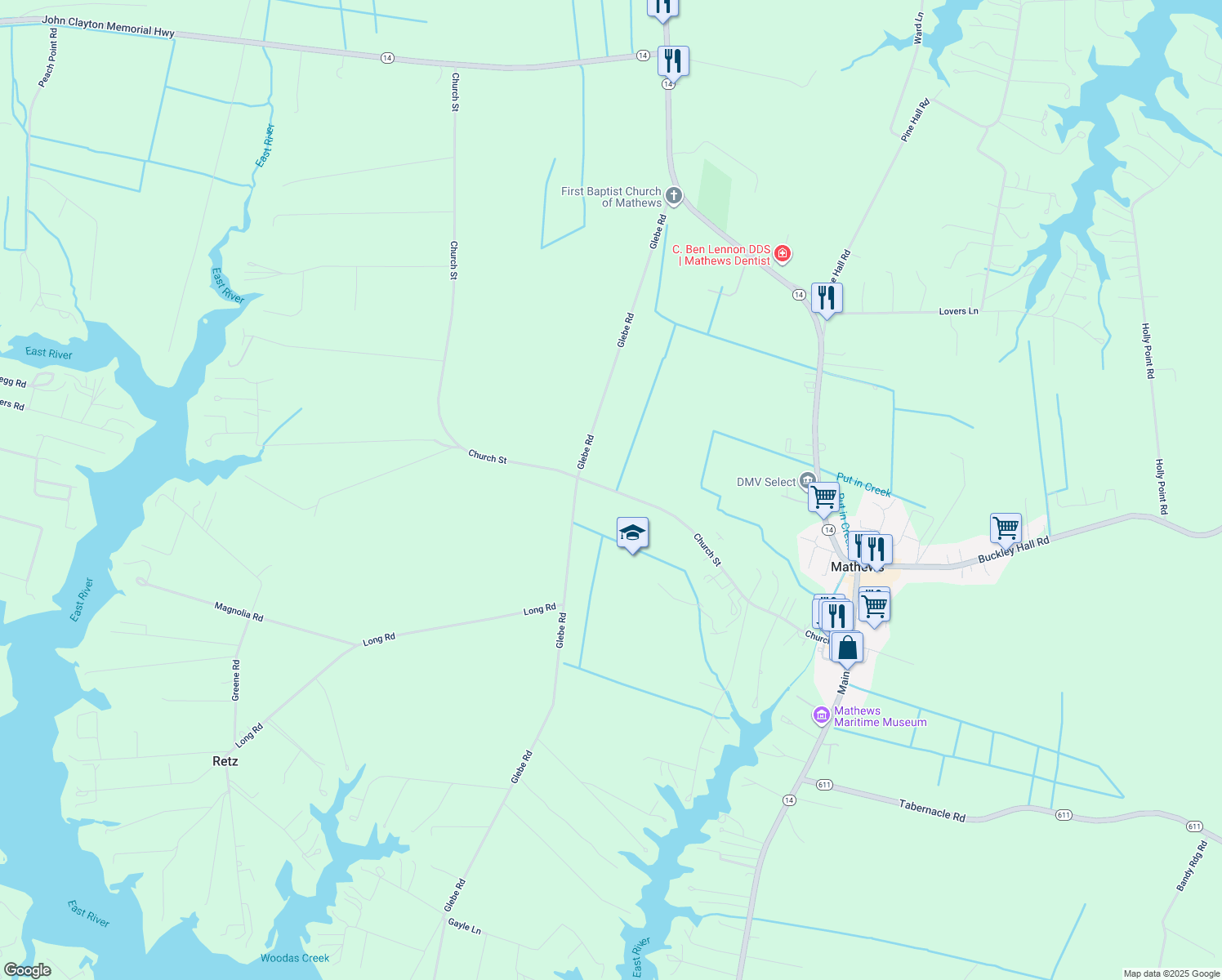 map of restaurants, bars, coffee shops, grocery stores, and more near 846 Church Street in Mathews