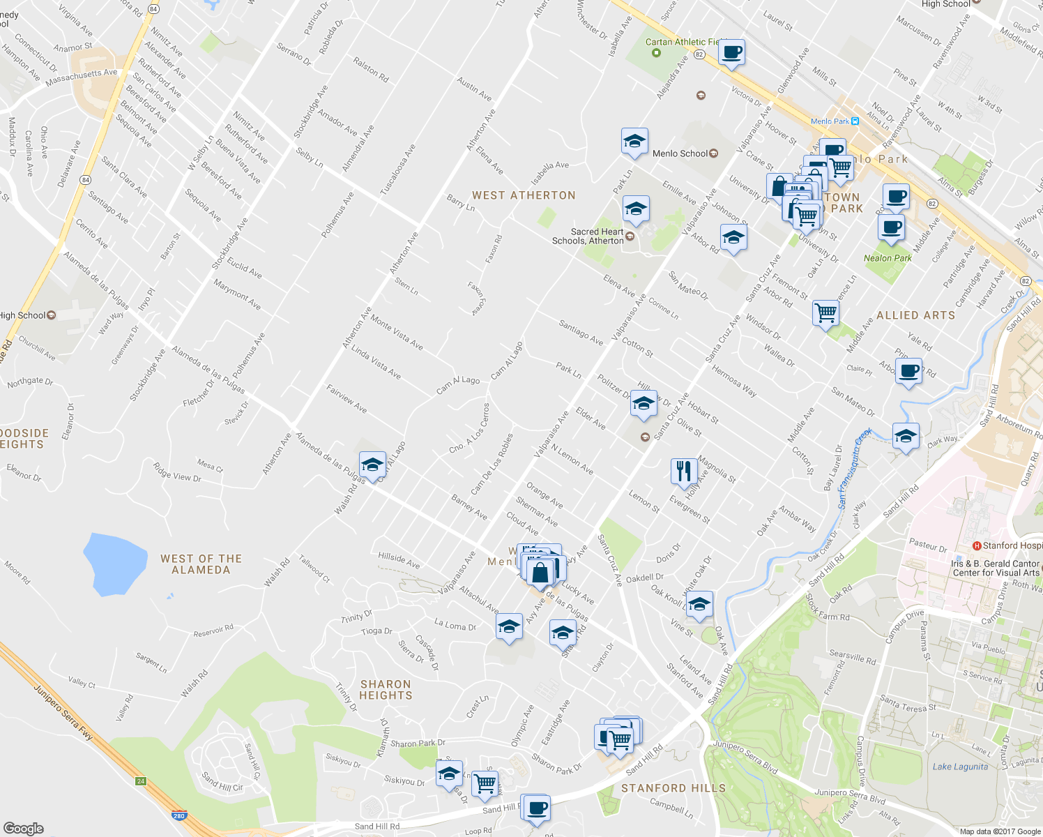 map of restaurants, bars, coffee shops, grocery stores, and more near 63 Camino Por Los Arboles in Atherton