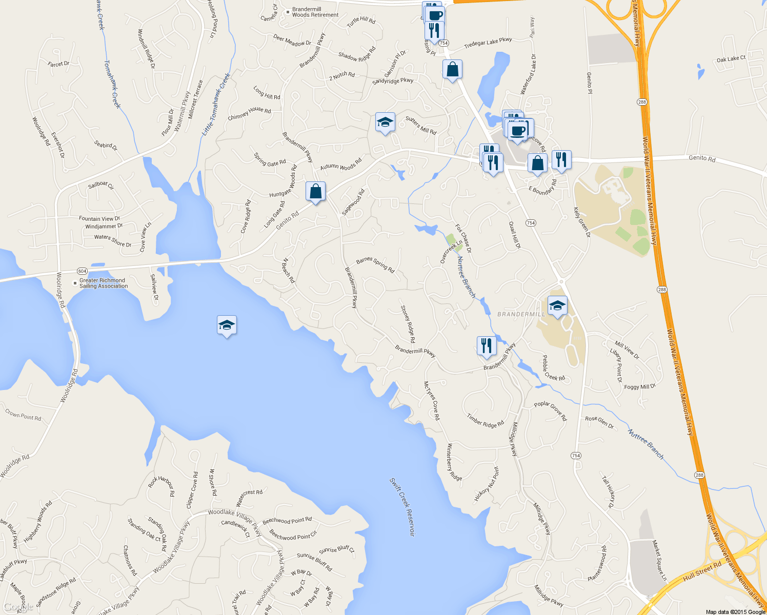 map of restaurants, bars, coffee shops, grocery stores, and more near 13911 Stoney Ridge Court in Midlothian