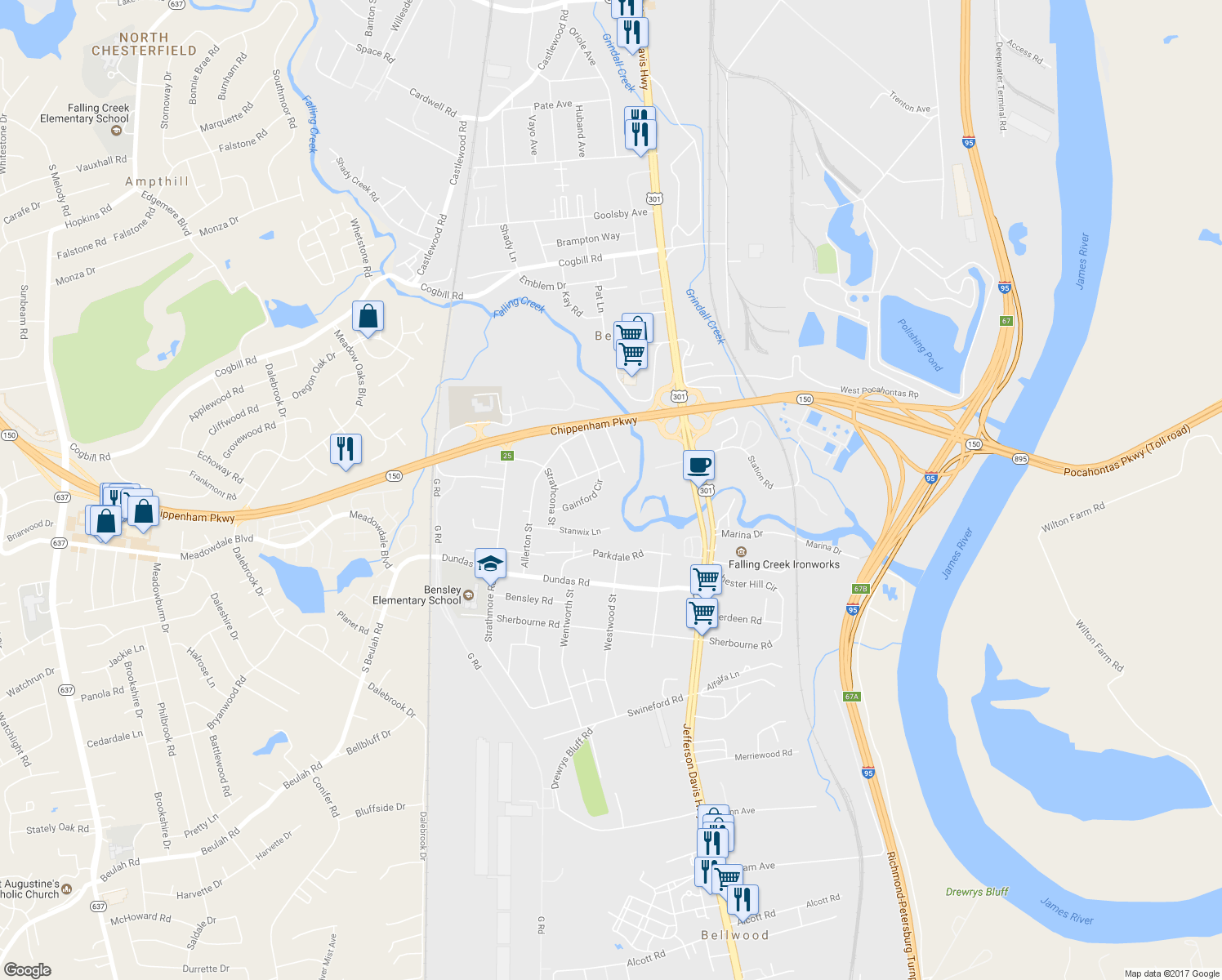 map of restaurants, bars, coffee shops, grocery stores, and more near 2719 Gainford Circle in Richmond