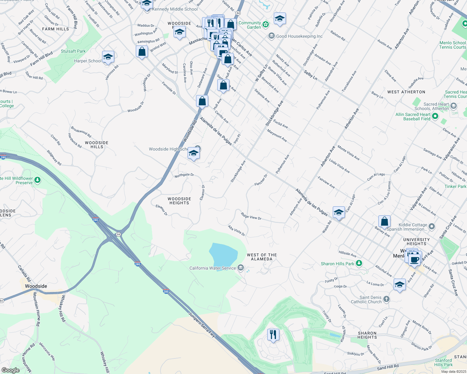 map of restaurants, bars, coffee shops, grocery stores, and more near 377 Stockbridge Avenue in Atherton