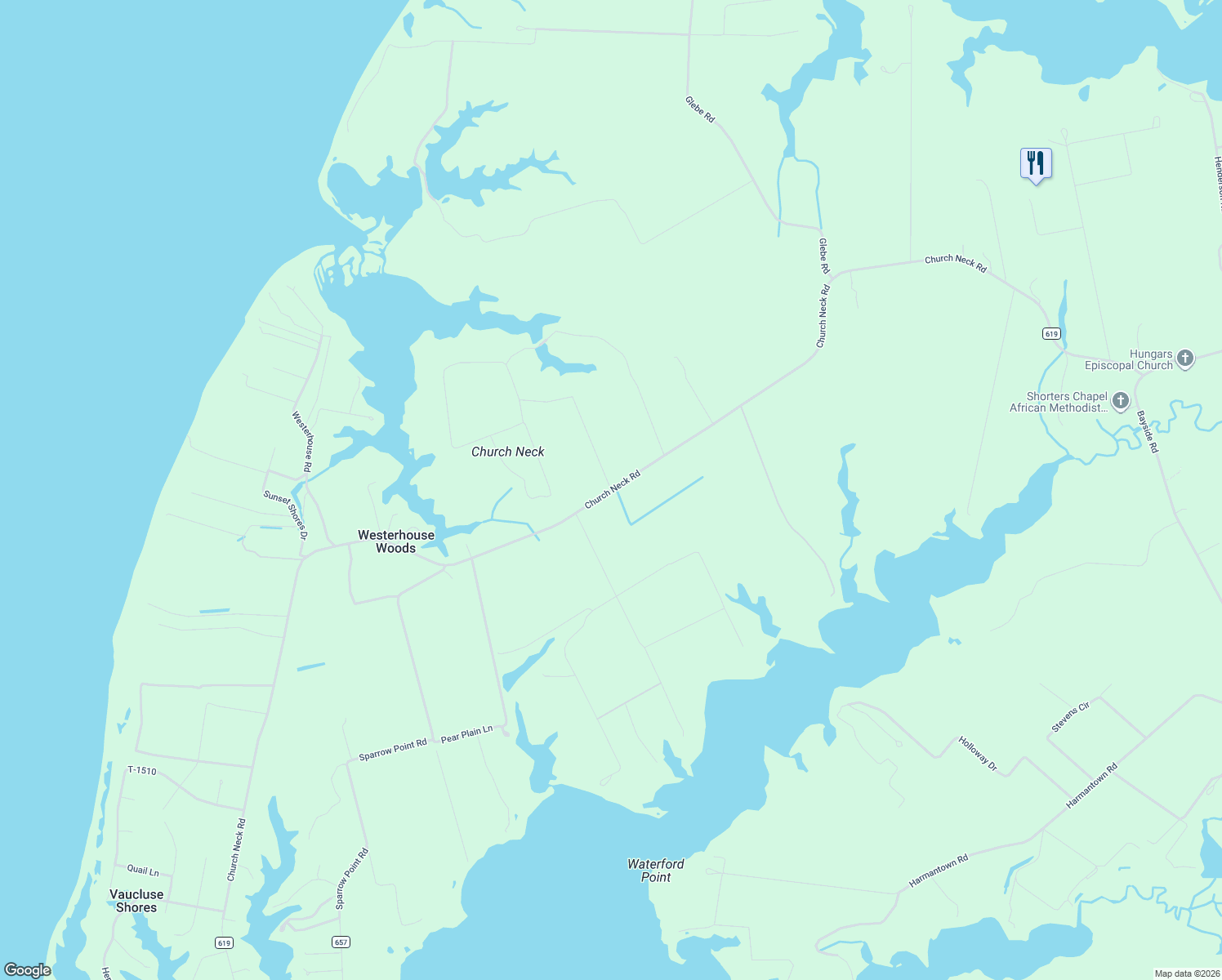 map of restaurants, bars, coffee shops, grocery stores, and more near Church Neck Road in Machipongo