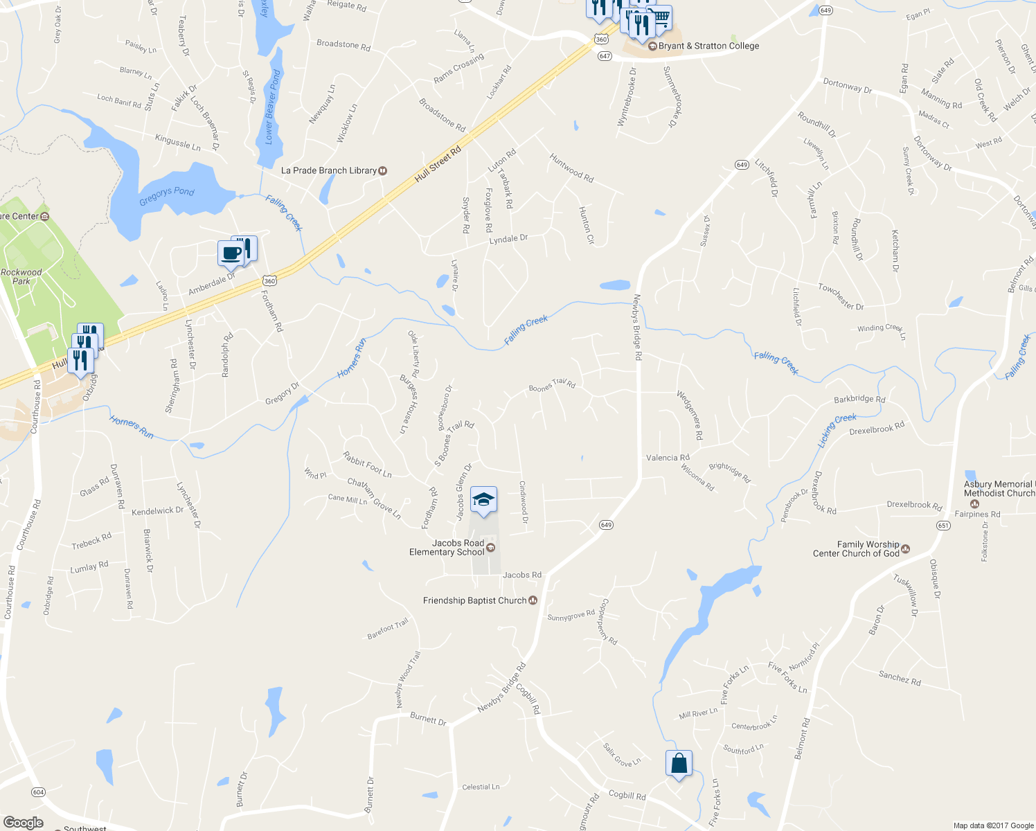 map of restaurants, bars, coffee shops, grocery stores, and more near 4301 Jacobs Bend Terrace in Richmond
