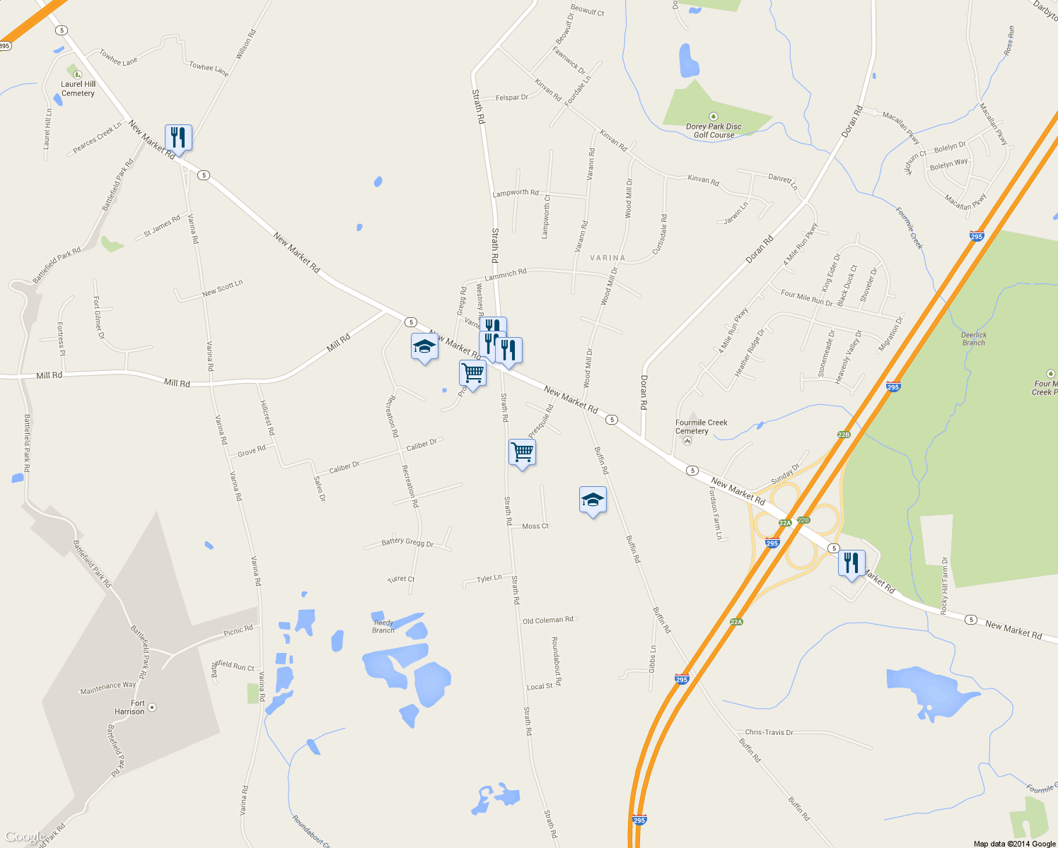 map of restaurants, bars, coffee shops, grocery stores, and more near 8114 Presquile Road in Richmond