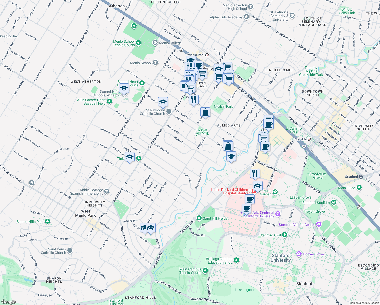 map of restaurants, bars, coffee shops, grocery stores, and more near 615 San Mateo Drive in Menlo Park